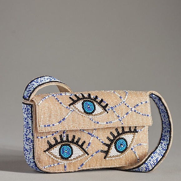 Anthropologie Maeve Fiona Beaded Bag Eye Print Shoulder Purse Small - Picture 1 of 7